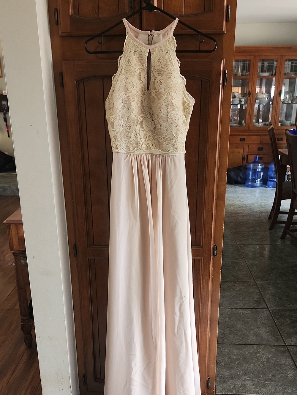 JJs House Cream Lace Halter Formal Maxi Gown
